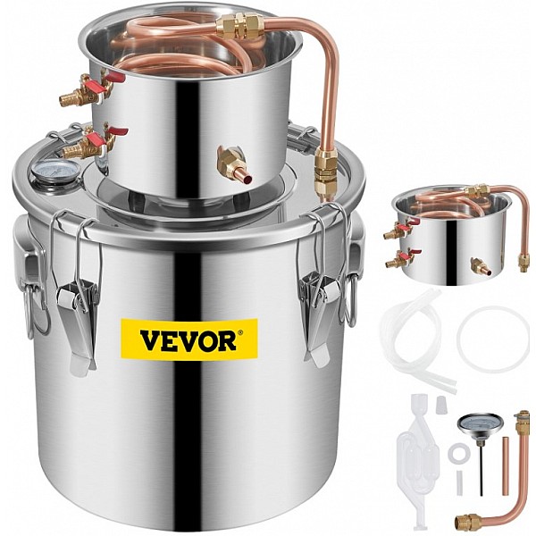Distilator de brandy VEVOR 12L, Capacitate 12 litri, Pentru distilarea diferitelor tipuri de alcool, Termometru - V12